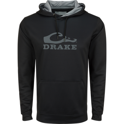 Black sweatshirt with grey text, featuring kangaroo pocket and lined hood with adjustable drawstrings. Made of stretchy, anti-pilling polyester and spandex fleece.