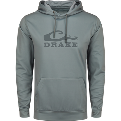 Grey Drake Performance Stacked Logo Hoodie with kangaroo pocket and adjustable drawstring hood, made of stretchy, anti-pilling polyester and spandex fleece.