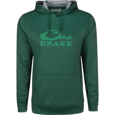 Stacked Logo Hoodie featuring a kangaroo pocket, lined hood with adjustable drawstrings, and anti-pilling outer shell made of stretchable polyester and spandex fleece.