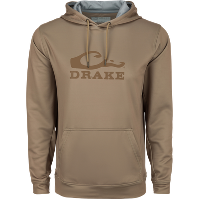Brown Drake Performance Stacked Logo Hoodie with kangaroo pocket and adjustable hood, made of stretchy polyester-spandex fleece for comfort and durability.