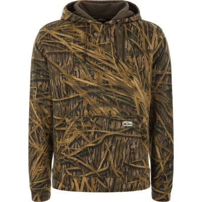 The Three End Hoodie in camouflage pattern with a kangaroo pocket and drawstring hood, ideal for layering in hunting and outdoor activities.