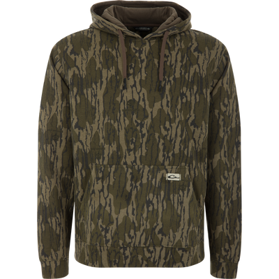 The Three End Hoodie features an olive-green camo print, drawstring hood, kangaroo pocket, and ribbed cuffs, ideal for layering in outdoor activities.
