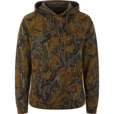 The Three End Hoodie, featuring a camouflage oak leaf pattern, boasts a kangaroo pocket and adjustable drawstring hood, ideal for layering in outdoor settings.