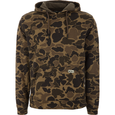 The Three End Hoodie on a mannequin, featuring a camouflage pattern, kangaroo pocket, and drawstring hood, ideal for hunting or casual layering.