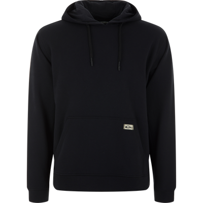 The Three End Hoodie features a black design with a kangaroo pocket, drawstrings, and a small logo, offering soft comfort and versatility.