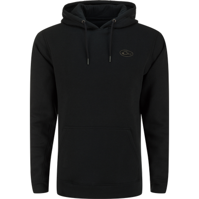 A high-quality Drake Three End Logo Hoodie in black, featuring a logo, kangaroo pocket, and lined hood with drawstrings. Ideal for outdoor activities and casual wear.