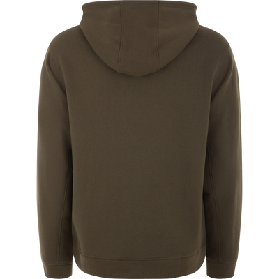 Back view of The Three End Hoodie, showcasing its kangaroo pocket seam and hood with adjustable drawstrings, ideal for layering in chilly weather.