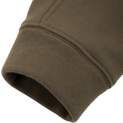 Close-up of The Three End Hoodie, showcasing its ribbed knit texture and stitch lines, highlighting the high-quality craftsmanship and comfort of Drake Waterfowl's apparel.