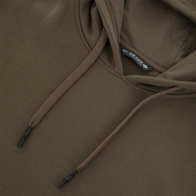 Close-up of The Three End Hoodie, showcasing its drawcords and inside neck label. Features include a soft fabric blend, kangaroo pocket, and adjustable, lined hood.