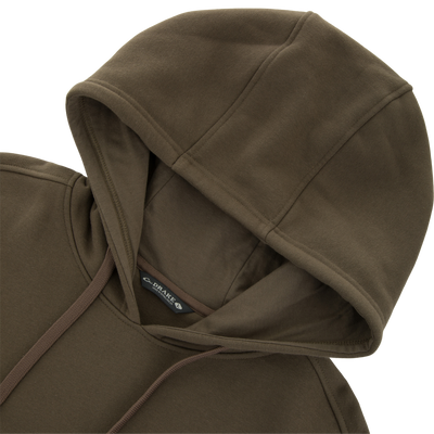 The Three End Hoodie features a soft pullover design with kangaroo pocket, adjustable drawstring-lined hood, and visible seam details, ideal for versatile layering.
