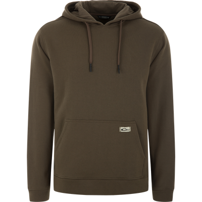 The Three End Hoodie features a khaki pullover design with a kangaroo pocket, lined hood, and drawcords, showcasing Drake Waterfowl's commitment to quality casual apparel.