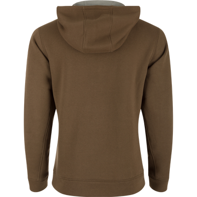 A durable Three End Logo Hoodie from Drake Waterfowl, ideal for outdoor adventures. Features a kangaroo pocket and adjustable hood for comfort and warmth.