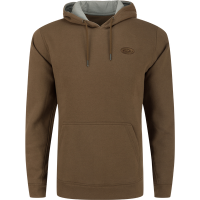 A high-quality Drake 3 End Logo Hoodie in brown, featuring a lined hood, kangaroo pocket, and adjustable drawstrings. Ideal for layering in cold weather.