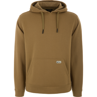 The Three End Hoodie on a mannequin, featuring a kangaroo pocket, ribbed cuffs, and a logo patch, exemplifies Drake Waterfowl's quality craftsmanship.
