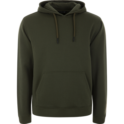 The Three End Hoodie features a soft, olive-green design with a kangaroo pocket, ribbed cuffs, and an adjustable lined hood, ideal for layering.