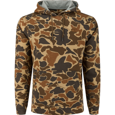 The Three End Hoodie features a brown camouflage pattern, lined hood with drawstrings, and a front kangaroo pocket, ideal for layering during hunts.