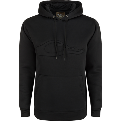 A durable Back Eddy Embossed Logo Hoodie from Drake Waterfowl, crafted from 100% polyester with DWR coating for light rain protection. Features kangaroo pocket and adjustable hood for outdoor comfort.