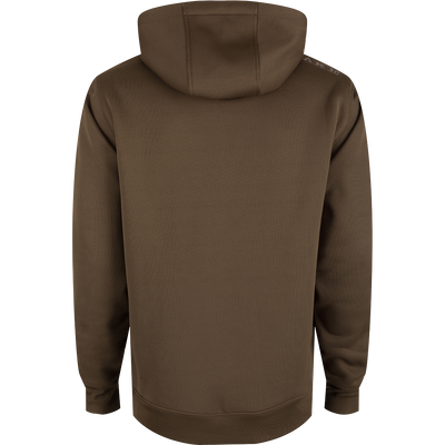 A brown Drake Back Eddy Embossed Logo Hoodie with kangaroo pocket and adjustable hood drawstrings. DWR coating for light rain protection, ideal for hunting and outdoor activities.