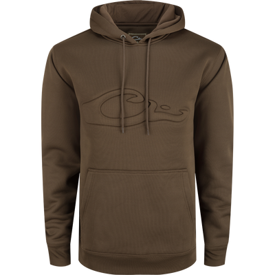 A durable Back Eddy Embossed Logo Hoodie by Drake Waterfowl, featuring a raised logo, DWR coating, kangaroo pocket, and adjustable hood. Ideal for hunting and outdoor activities.