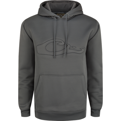A durable Back Eddy Embossed Logo Hoodie by Drake Waterfowl, featuring a raised logo, DWR finish, kangaroo pocket, and adjustable hood. Ideal for outdoor activities.
