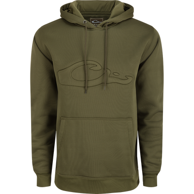 A durable Back Eddy Embossed Logo Hoodie by Drake Waterfowl, crafted from 100% polyester with DWR coating for light rain protection. Features kangaroo pocket and adjustable hood for outdoor comfort.