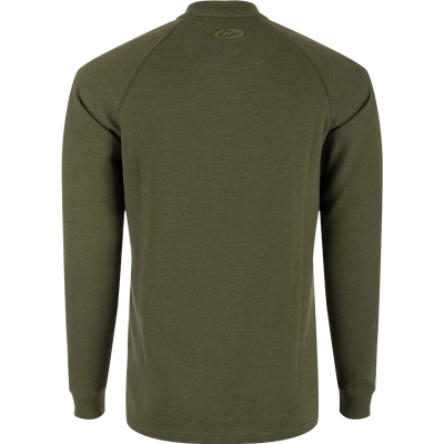 A high-quality Weston Lakes Waffle Long Sleeve Henley by Drake Men's, featuring raglan sleeves, metal logo buttons, and a split tail hem. Ideal for hunting and outdoor activities.