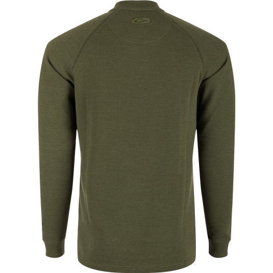 A high-quality Weston Lakes Waffle Long Sleeve Henley by Drake Men's, featuring raglan sleeves, metal logo buttons, and a split tail hem. Ideal for hunting and outdoor activities.