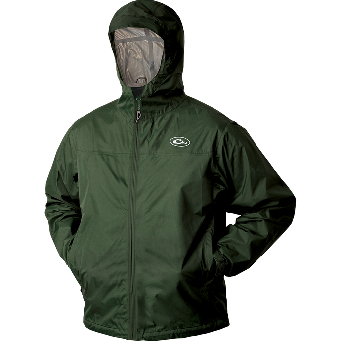 A green packable Tempest Ultralight Rain Jacket by Drake Waterfowl. Waterproof, windproof, and breathable. Features Fowl-Proof™ YKK zippers, adjustable hood, and shock cord waist. Ideal for outdoor adventures.