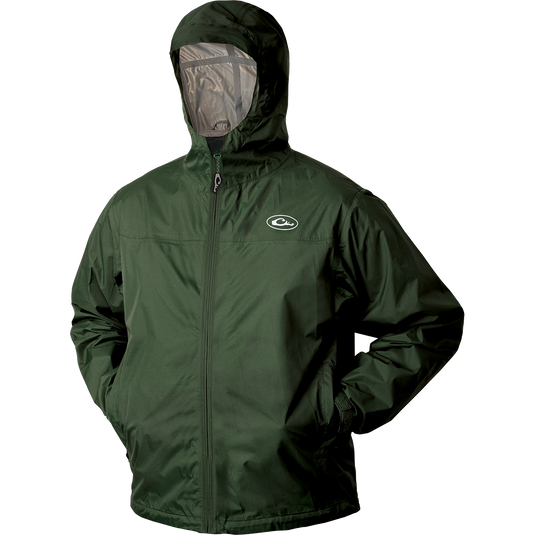 A green packable Tempest Ultralight Rain Jacket by Drake Waterfowl. Waterproof, windproof, and breathable. Features Fowl-Proof™ YKK zippers, adjustable hood, and shock cord waist. Ideal for outdoor adventures.