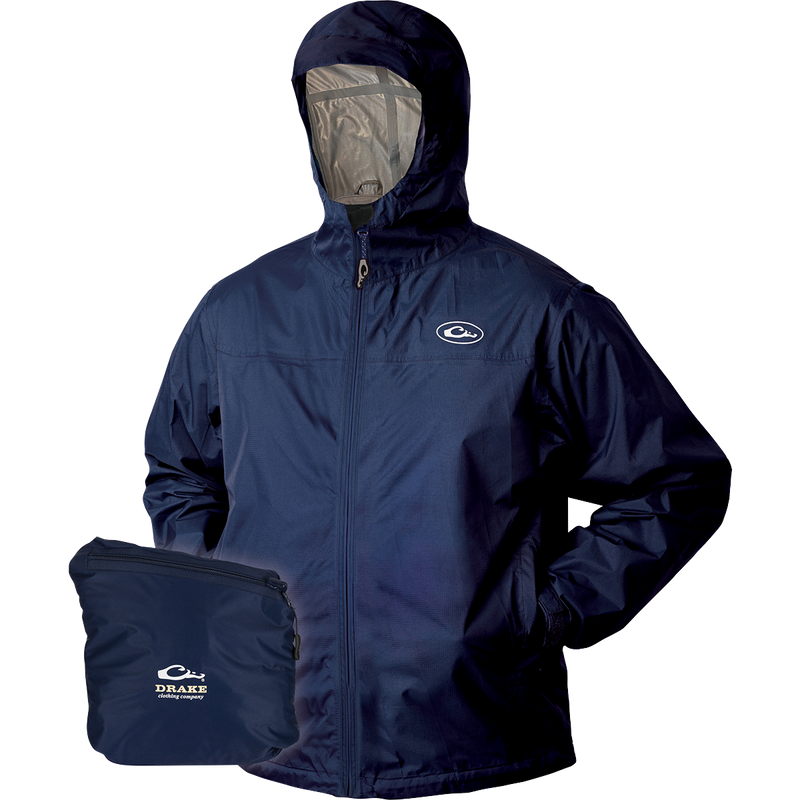 A blue Tempest Ultralight Packable Rain Jacket by Drake Waterfowl: Waterproof, windproof, breathable. Adjustable hood, YKK zippers, taped seams. Ideal for hunting and outdoor adventures.