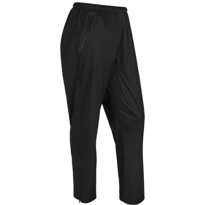 Tempest Ultralight Packable Rain Pant with zipper on black pants, perfect for spring showers. Waterproof, windproof, and breathable.