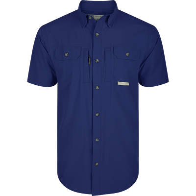 Wingshooter Trey Shirt S/S featuring technical performance fabric, hidden collar, vented back, and multiple pockets for convenience: Blue Depths Navy