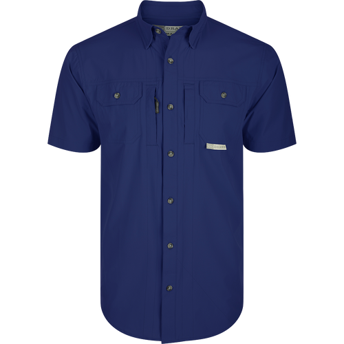 Wingshooter Trey Shirt S/S featuring technical performance fabric, hidden collar, vented back, and multiple pockets for convenience: Blue Depths Navy