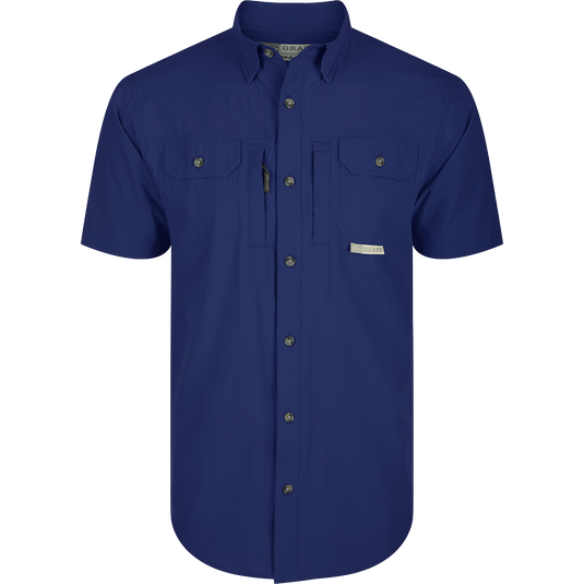 Wingshooter Trey Shirt S/S featuring technical performance fabric, hidden collar, vented back, and multiple pockets for convenience: Blue Depths Navy