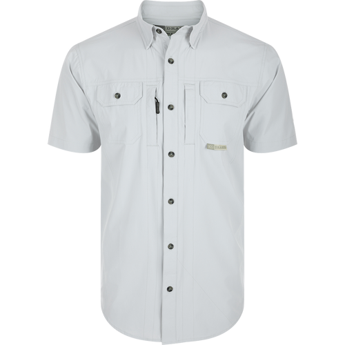 Wingshooter Trey Shirt S/S featuring hidden collar, vented back, and multiple pockets for outdoor performance. Bright White.