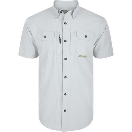 Wingshooter Trey Shirt S/S featuring hidden collar, vented back, and multiple pockets for outdoor performance. Bright White.