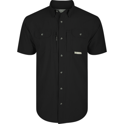 Wingshooter Trey Shirt S/S: Black shirt with pocket, buttons, and technical features for outdoor activities: Caviar Black