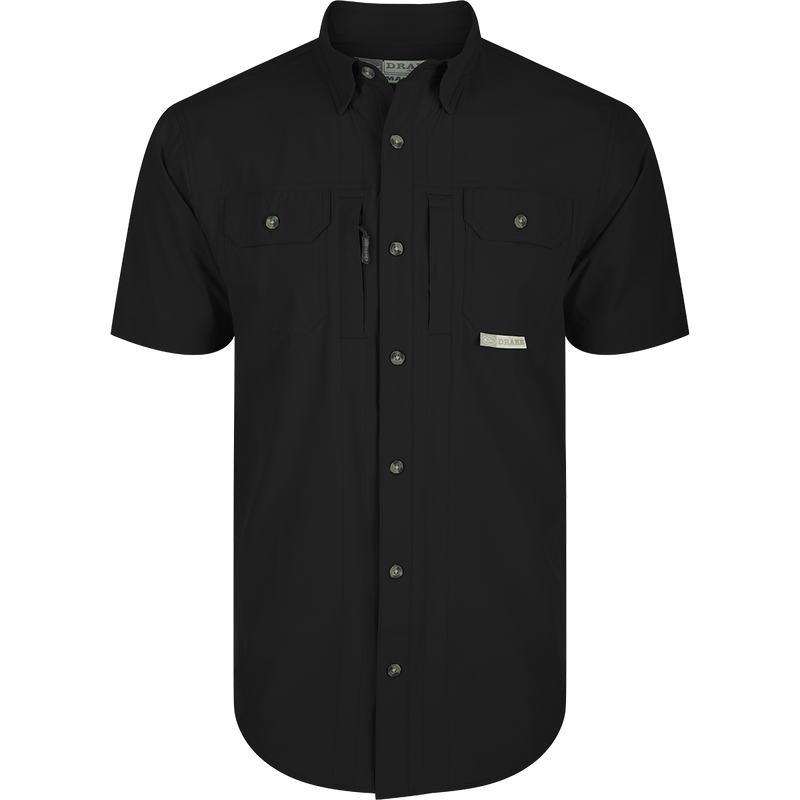 Wingshooter Trey Shirt S/S: Black shirt with pocket, buttons, and technical features for outdoor activities: Caviar Black