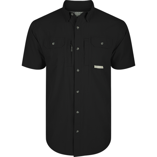 Wingshooter Trey Shirt S/S: Black shirt with pocket, buttons, and technical features for outdoor activities: Caviar Black