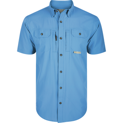 Wingshooter Trey Shirt S/S with hidden collar, vented back, and functional pockets, made of performance fabric for outdoor activities: Marina Blue