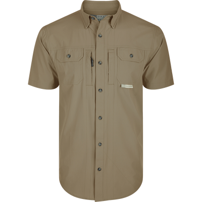 Wingshooter Trey Shirt S/S: Silky performance shirt with hidden collar, chest pockets, vented back, and unique features for outdoor activities: Timber Wolf Khaki