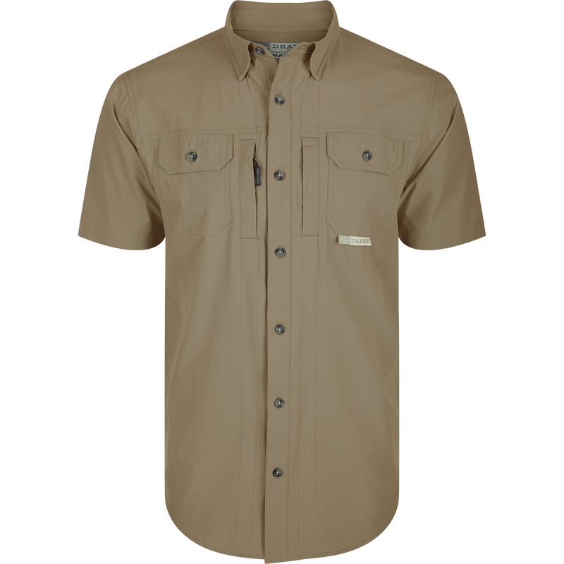 Wingshooter Trey Shirt S/S: Silky performance shirt with hidden collar, chest pockets, vented back, and unique features for outdoor activities: Timber Wolf Khaki