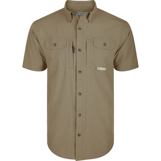 Wingshooter Trey Shirt S/S: Silky performance shirt with hidden collar, chest pockets, vented back, and unique features for outdoor activities: Timber Wolf Khaki