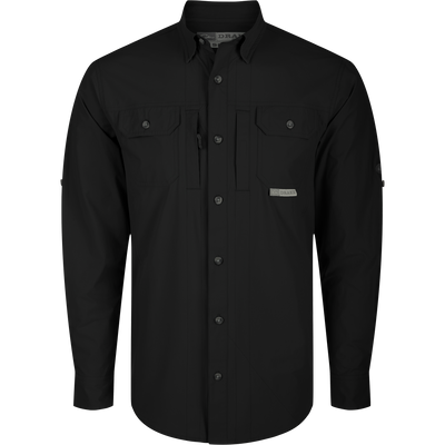 Wingshooter Trey Shirt L/S: Black long-sleeved performance shirt with hidden button-down collar, vented back, and chest pockets. Features moisture-wicking, UPF 30 protection, and adjustable roll-up sleeves.