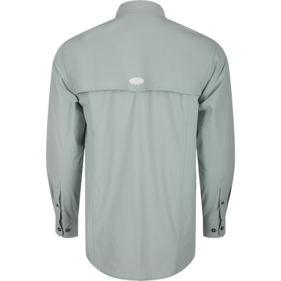 Back view of the Drake Wingshooter Trey Shirt L/S, showcasing its vented cape back and long sleeves.