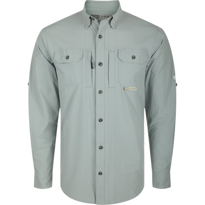 Wingshooter Trey Shirt L/S: Long-sleeved, button-down performance shirt with hidden button-down collar, chest pockets, vented back, and adjustable roll-up sleeves.