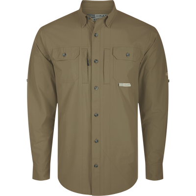 A long-sleeved Wingshooter Trey Shirt with button-down collar, flap chest pockets, and vented cape back, designed for performance and comfort.