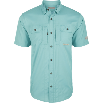 Aqua Haze Wingshooter Trey Solid Dobby Shirt S/S: Lightweight performance shirt with hidden collar, vented back, and unique pocket system.