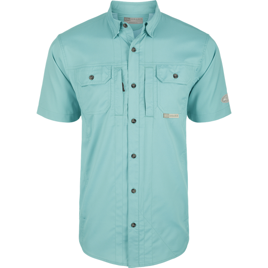 Aqua Haze Wingshooter Trey Solid Dobby Shirt S/S: Lightweight performance shirt with hidden collar, vented back, and unique pocket system.