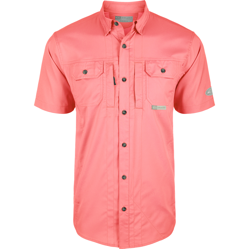 Pink Wingshooter Trey Solid Dobby Shirt S/S -  performance shirt with hidden collar, chest pockets, and vented back.